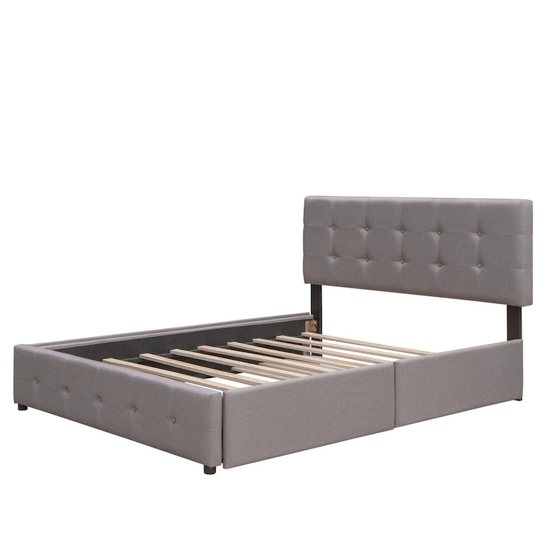 CUSchoice Queen Size Linen Fabric Platform Bed with 2 Drawers and Twin XL Trundle