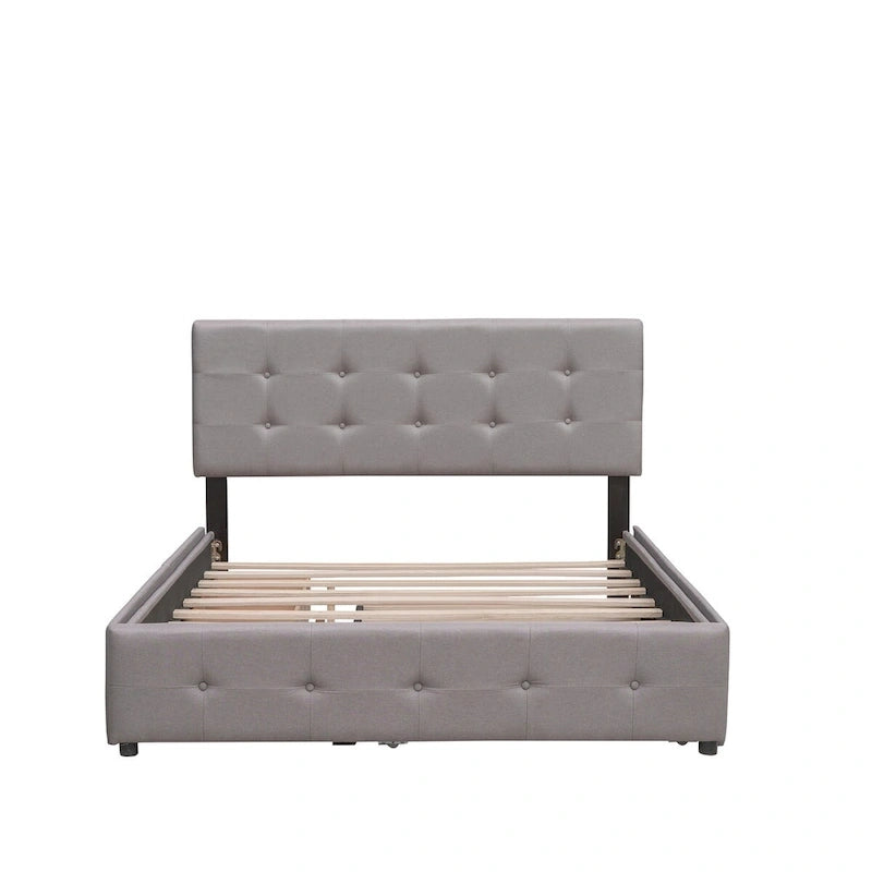 CUSchoice Queen Size Linen Fabric Platform Bed with 2 Drawers and Twin XL Trundle