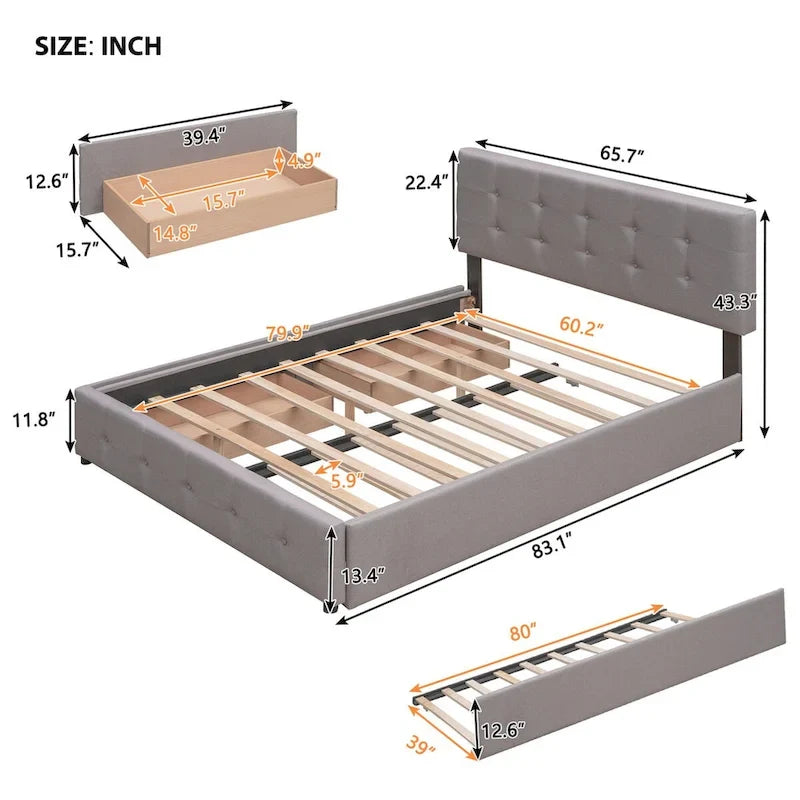 CUSchoice Queen Size Linen Fabric Platform Bed with 2 Drawers and Twin XL Trundle