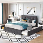 CUSchoice Queen Size Linen Fabric Platform Bed with 2 Drawers and Twin XL Trundle