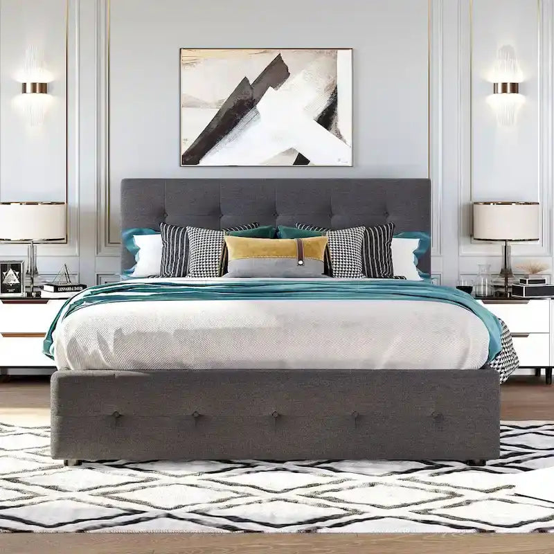 CUSchoice Queen Size Linen Fabric Platform Bed with 2 Drawers and Twin XL Trundle