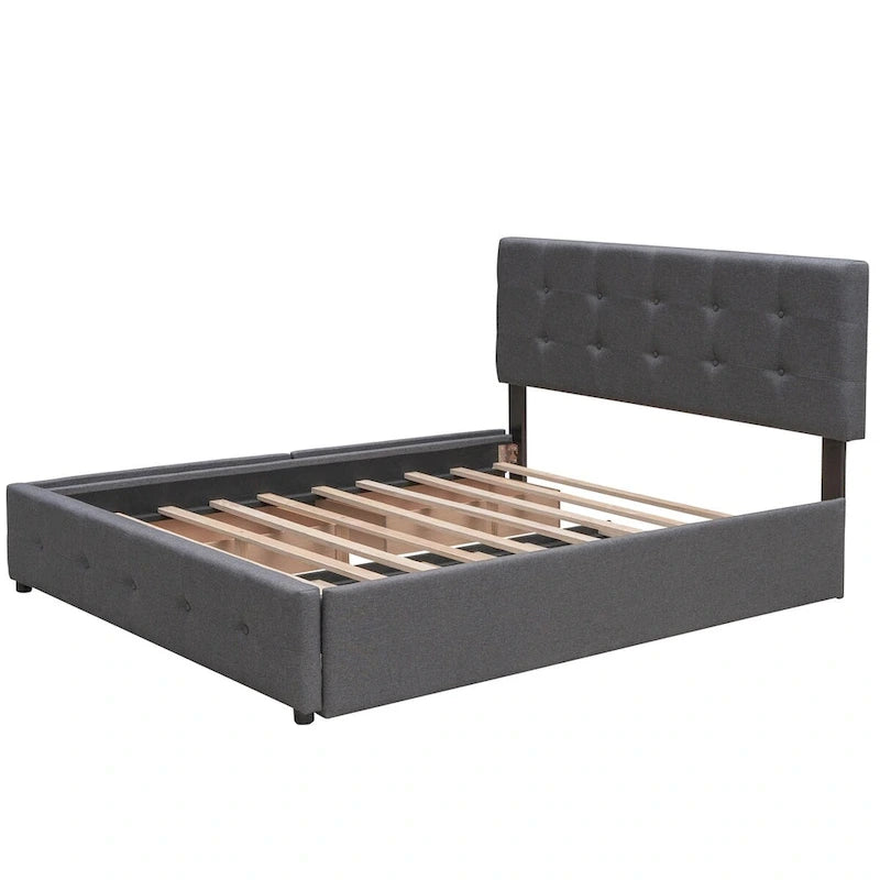 CUSchoice Queen Size Linen Fabric Platform Bed with 2 Drawers and Twin XL Trundle
