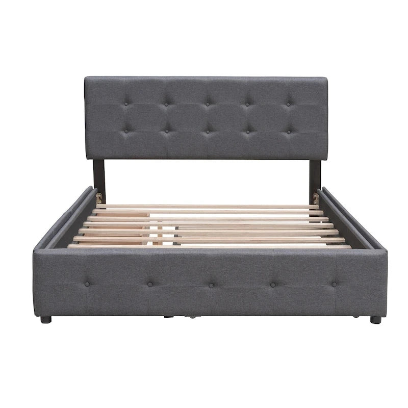 CUSchoice Queen Size Linen Fabric Platform Bed with 2 Drawers and Twin XL Trundle