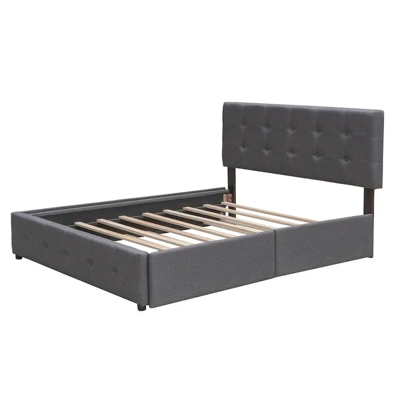 CUSchoice Queen Size Linen Fabric Platform Bed with 2 Drawers and Twin XL Trundle