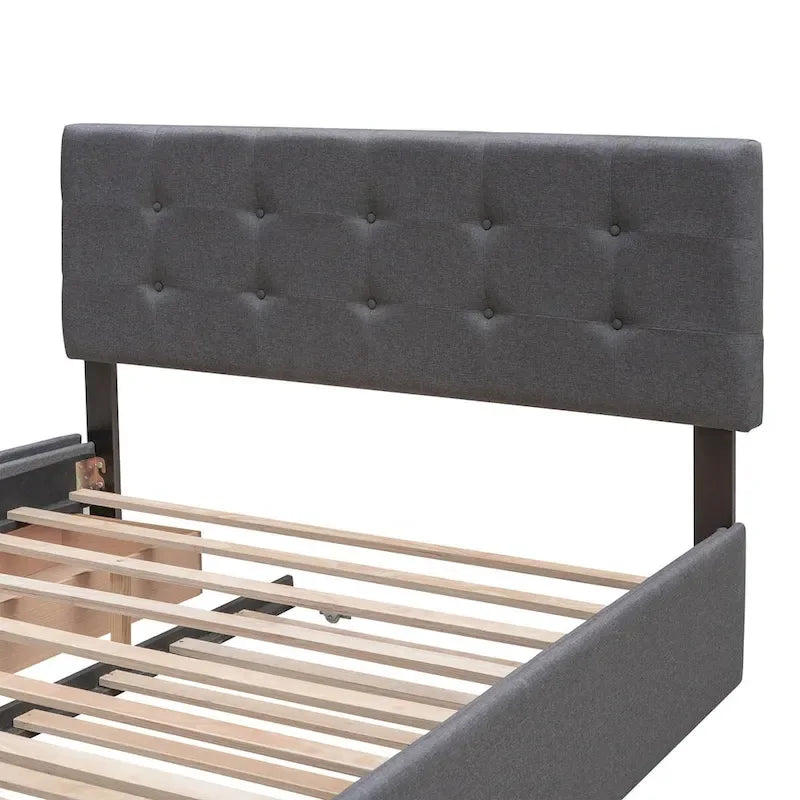 CUSchoice Queen Size Linen Fabric Platform Bed with 2 Drawers and Twin XL Trundle