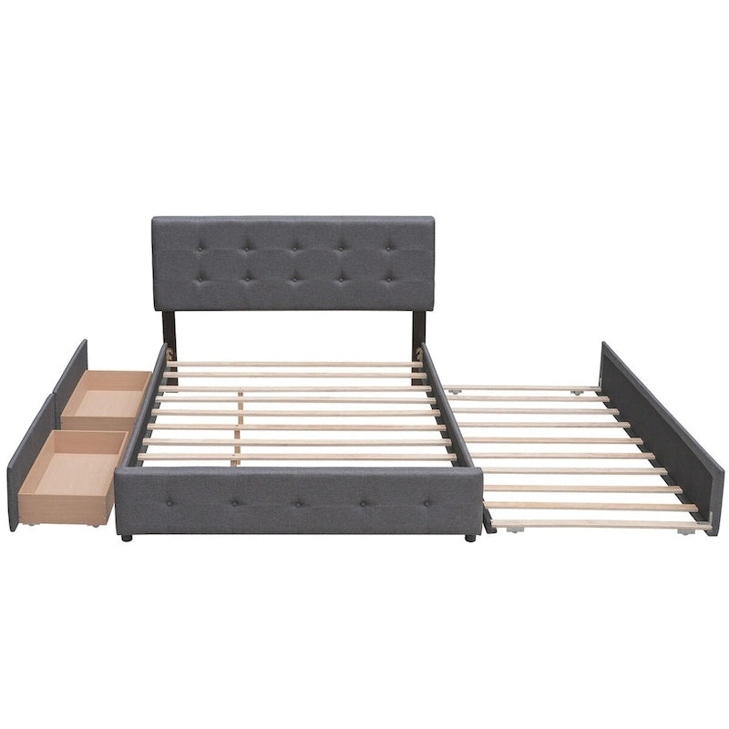 CUSchoice Queen Size Linen Fabric Platform Bed with 2 Drawers and Twin XL Trundle