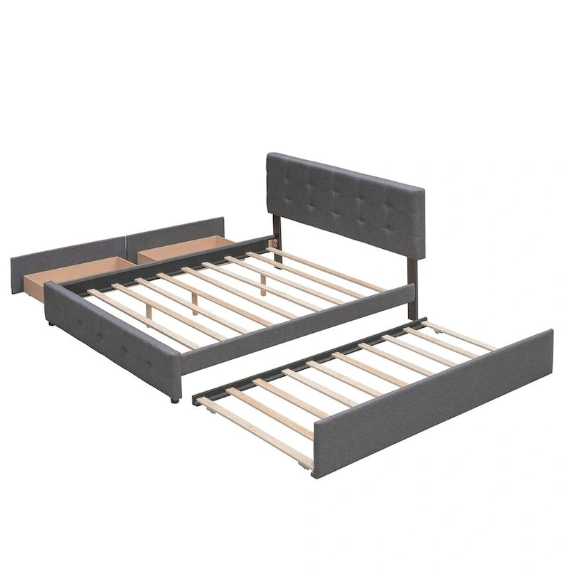 CUSchoice Queen Size Linen Fabric Platform Bed with 2 Drawers and Twin XL Trundle