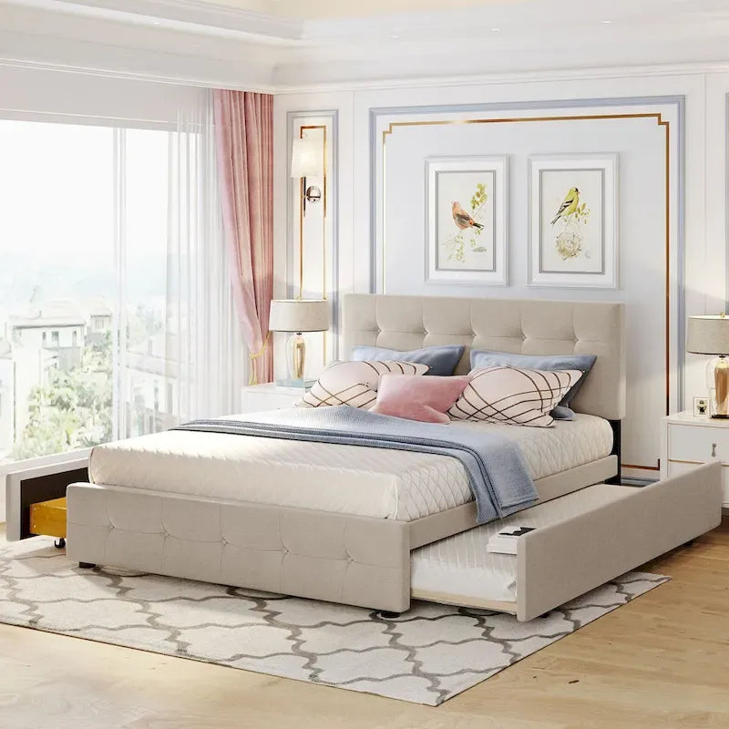 CUSchoice Queen Size Linen Fabric Platform Bed with 2 Drawers and Twin XL Trundle