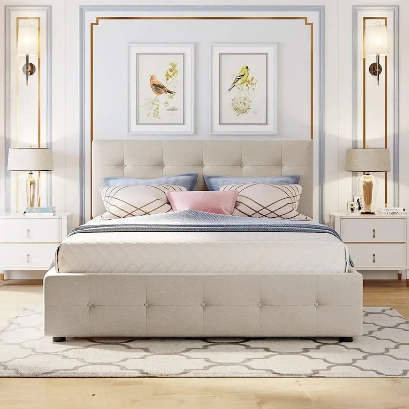 CUSchoice Queen Size Linen Fabric Platform Bed with 2 Drawers and Twin XL Trundle