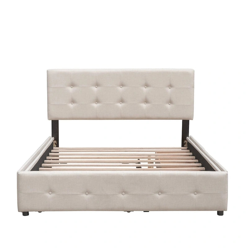 CUSchoice Queen Size Linen Fabric Platform Bed with 2 Drawers and Twin XL Trundle