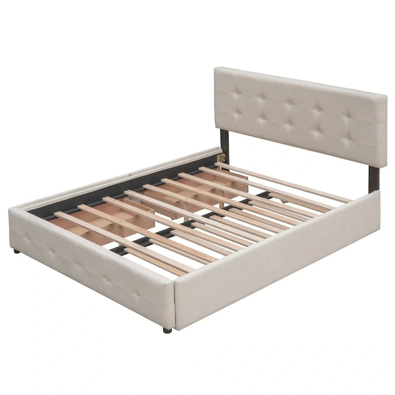 CUSchoice Queen Size Linen Fabric Platform Bed with 2 Drawers and Twin XL Trundle