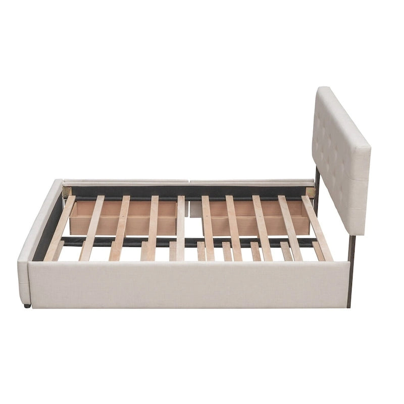 CUSchoice Queen Size Linen Fabric Platform Bed with 2 Drawers and Twin XL Trundle