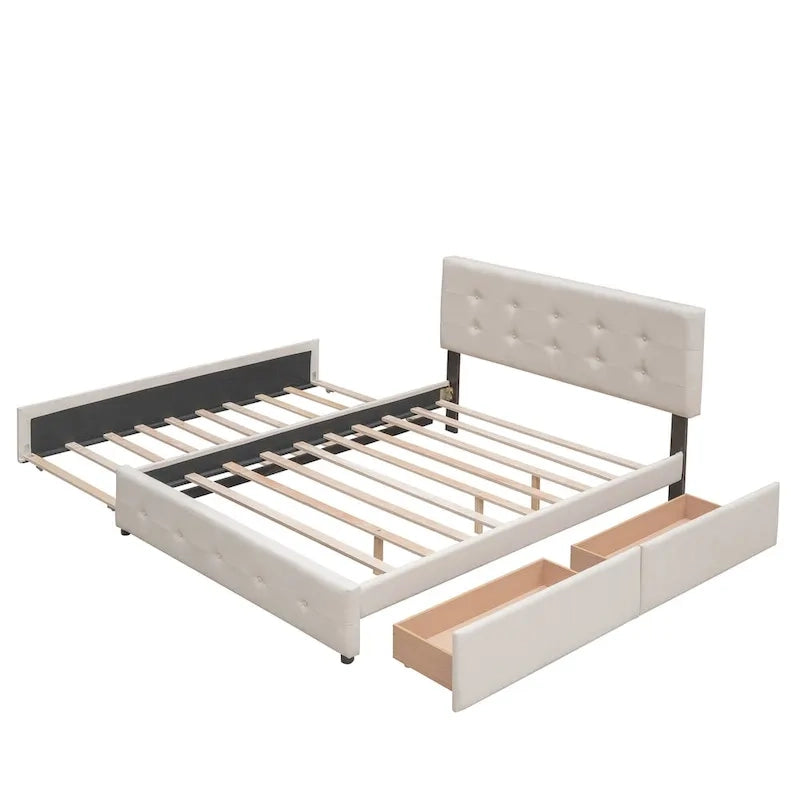 CUSchoice Queen Size Linen Fabric Platform Bed with 2 Drawers and Twin XL Trundle
