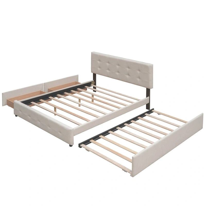 CUSchoice Queen Size Linen Fabric Platform Bed with 2 Drawers and Twin XL Trundle
