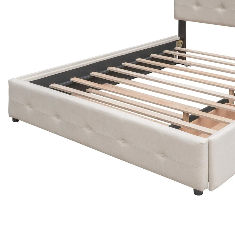 CUSchoice Queen Size Linen Fabric Platform Bed with 2 Drawers and Twin XL Trundle