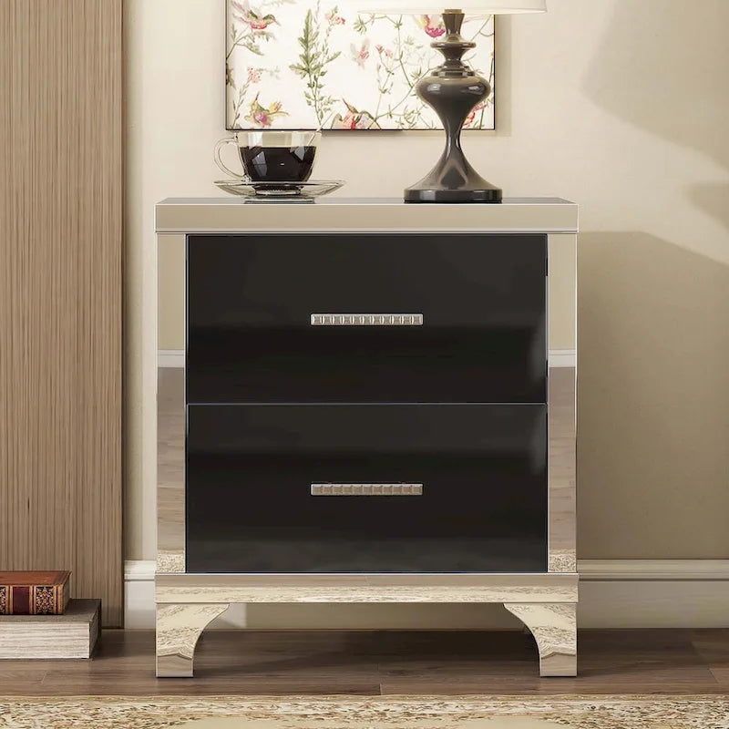 Elegant High Gloss Mirrored Nightstand with Metal Handle
