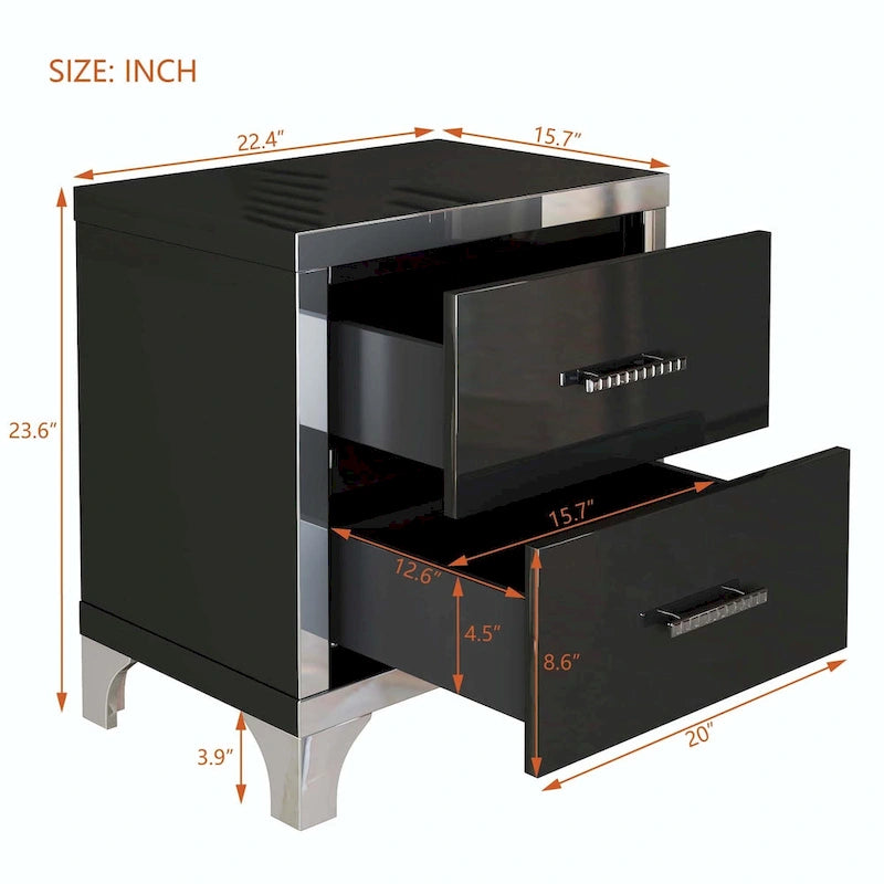 Elegant High Gloss Mirrored Nightstand with Metal Handle