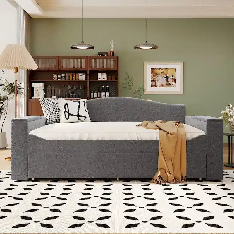 Full Size Upholstered Daybed with Storage Armrests and Trundle