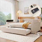 Full Size Upholstered Daybed with Storage Armrests and Trundle