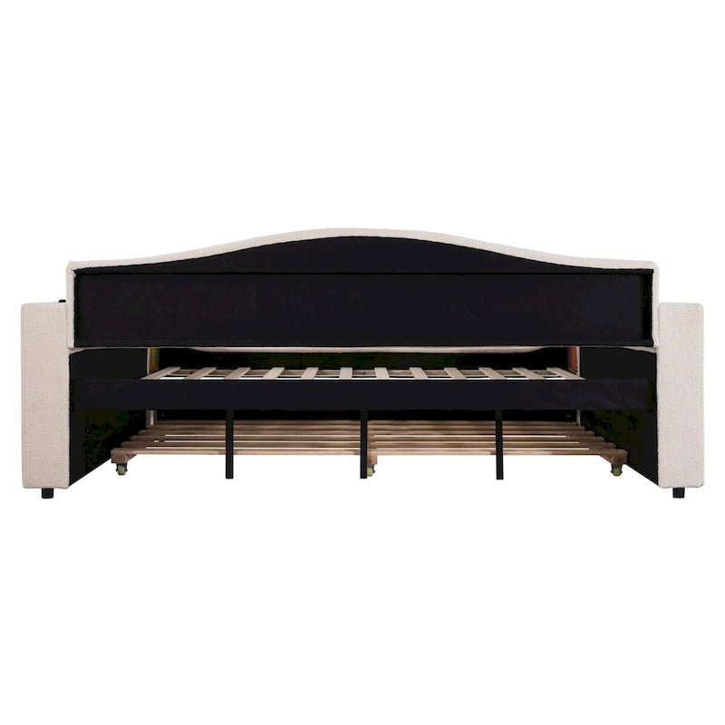 Full Size Upholstered Daybed with Storage Armrests and Trundle