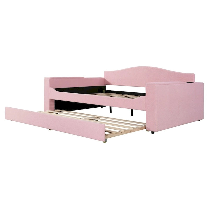 Full Size Upholstered Daybed with Storage Armrests and Trundle