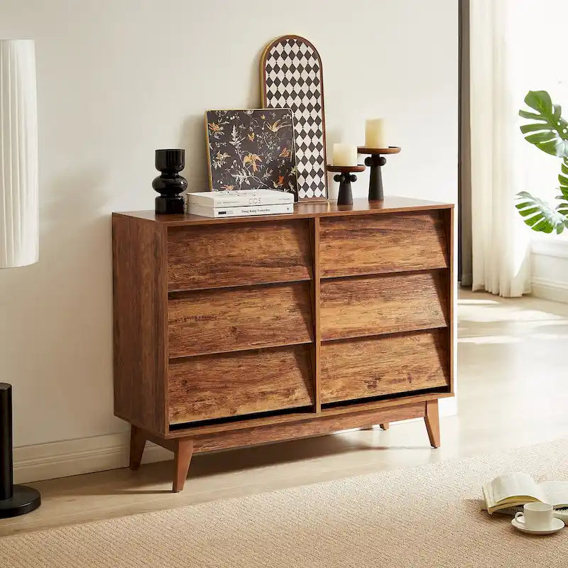 Mid-Century Modern 6-Draw Dresser with Bevel Design