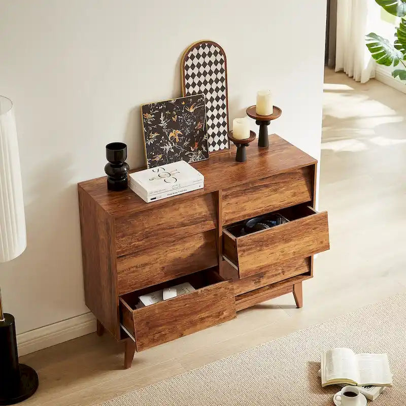 Mid-Century Modern 6-Draw Dresser with Bevel Design