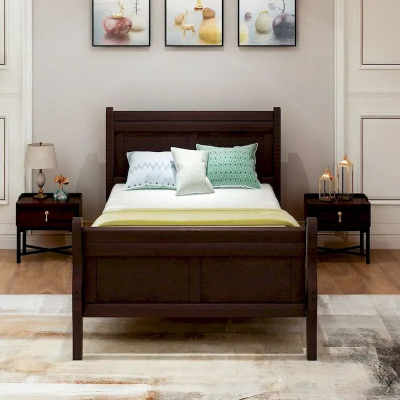 Oaks Aura Wood Platform Bed Twin Bed Frame Mattress Foundation Sleigh Bed with Headboard/Footboard/Wood Slat Support