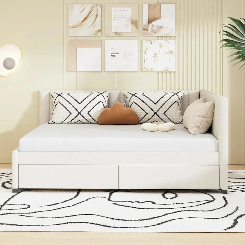 Full Size Upholstered Daybed with 2 Storage Drawers Sofa Bed Frame No Box Spring Needed, Linen Fabric (Beige)