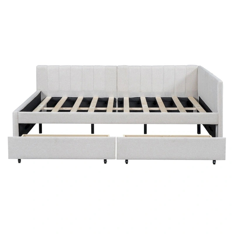 Full Size Upholstered Daybed with 2 Storage Drawers Sofa Bed Frame No Box Spring Needed, Linen Fabric (Beige)