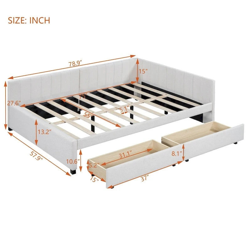 Full Size Upholstered Daybed with 2 Storage Drawers Sofa Bed Frame No Box Spring Needed, Linen Fabric (Beige)