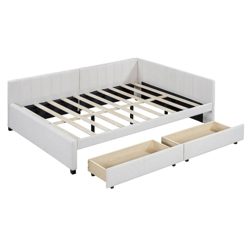 Full Size Upholstered Daybed with 2 Storage Drawers Sofa Bed Frame No Box Spring Needed, Linen Fabric (Beige)
