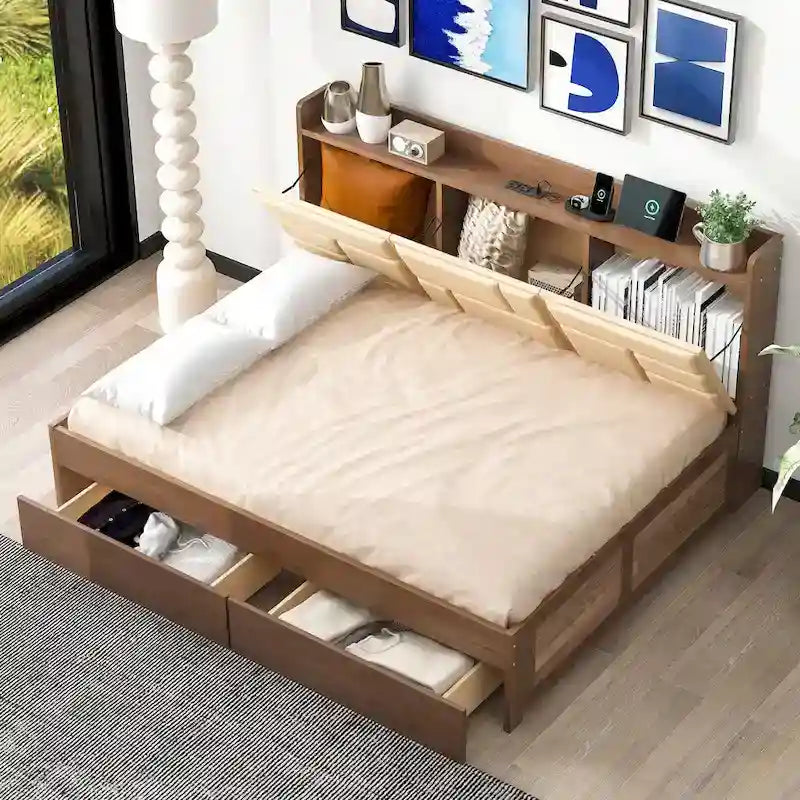 Full Size Wood Daybed with USB Ports and Drawers