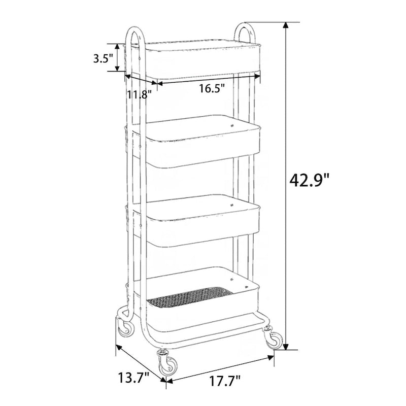 4-Tier Metal Utility Cart with Wheels Storage Shelves Organizer - 17.7x13.7x42.9