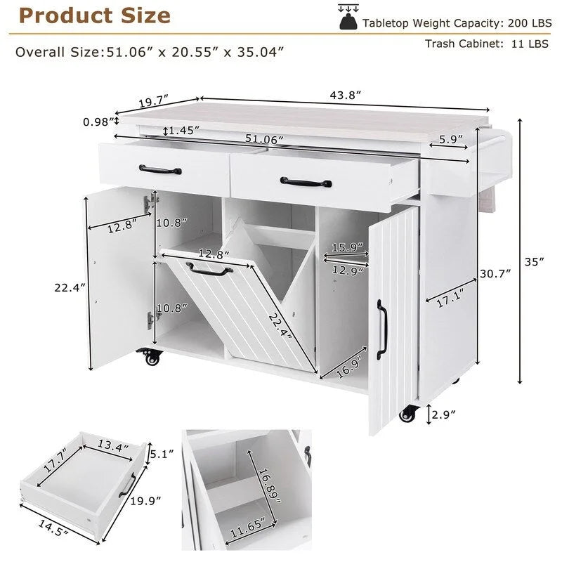 Rolling Kitchen Island with Trash Can, Kitchen Cart with Drop Leaf, Adjustable Shelf