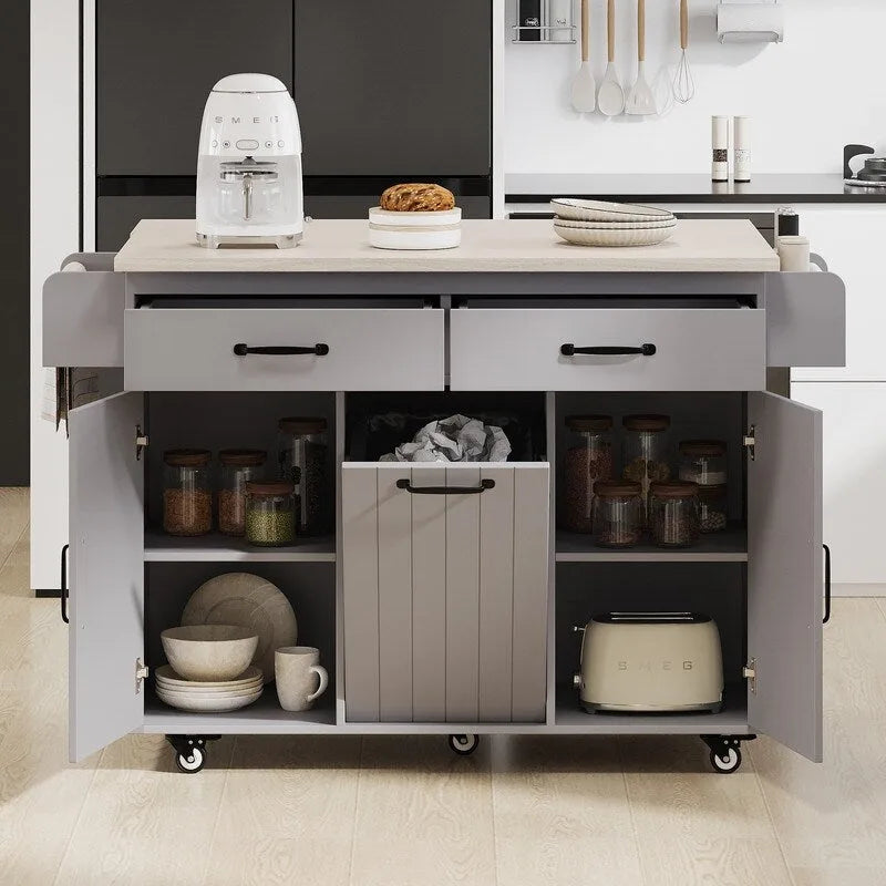 Rolling Kitchen Island with Trash Can, Kitchen Cart with Drop Leaf, Adjustable Shelf