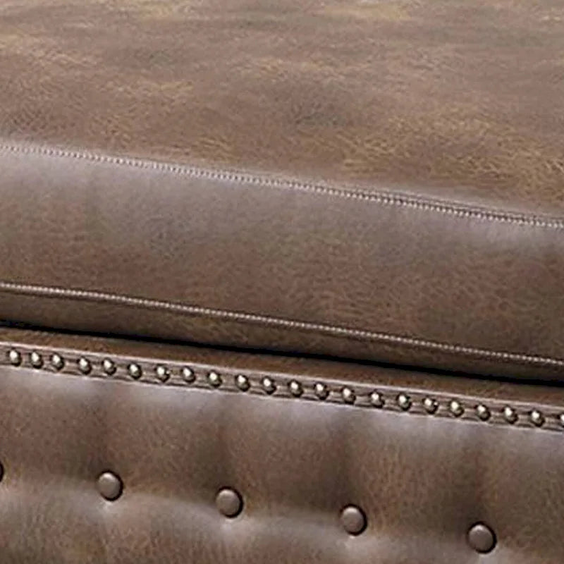 Simi 34 Inch Square Ottoman, Handcrafted Legs, Brown Vegan Faux Leather
