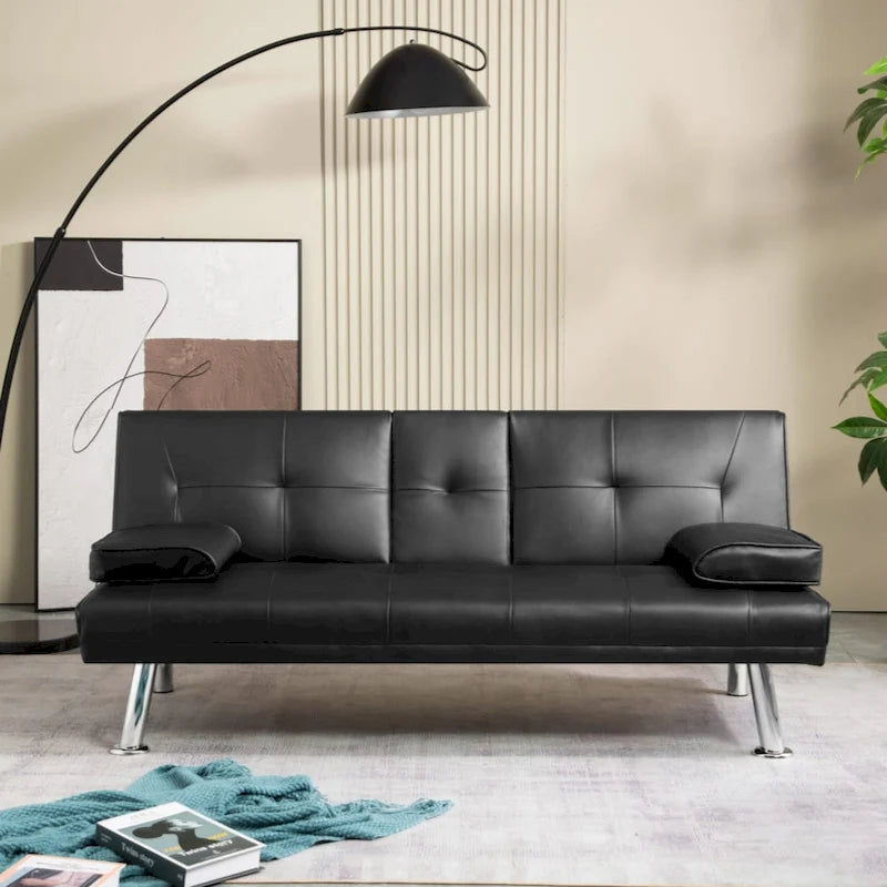 PU Upholstered Modern Convertible Folding Futon Sofa Bed Removable Armrests, Metal Legs, with 2 Cupholders
