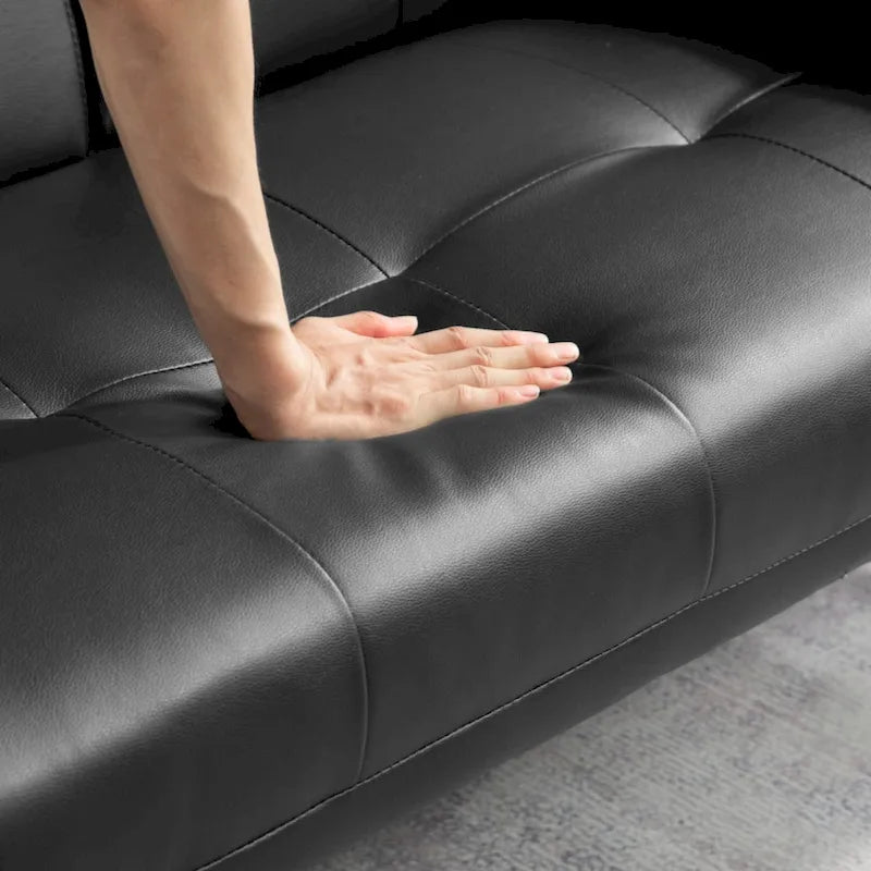 PU Upholstered Modern Convertible Folding Futon Sofa Bed Removable Armrests, Metal Legs, with 2 Cupholders