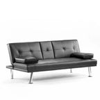 PU Upholstered Modern Convertible Folding Futon Sofa Bed Removable Armrests, Metal Legs, with 2 Cupholders