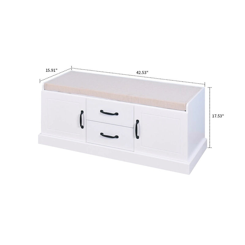 Minimalist Wooden Storage Bench with Seat Cushion, White
