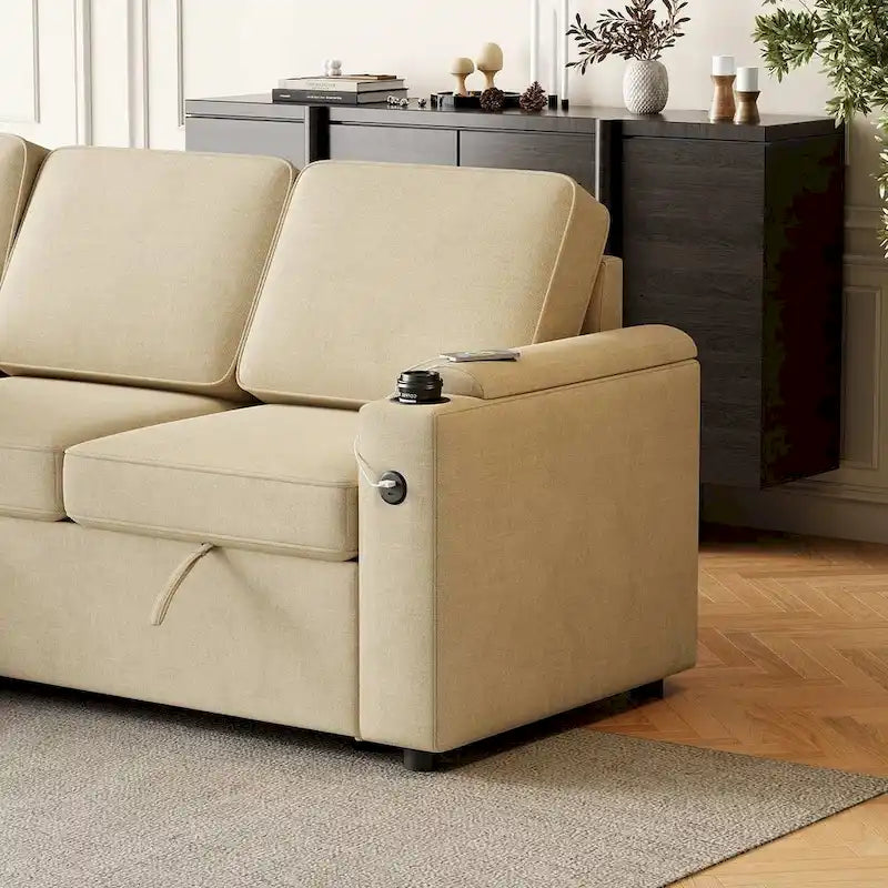 85.8 Upholstery Sleeper Sectional Sofa Pull Out Sofa Bed with Storage Space