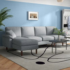 HOMCOM Fabric Sectional Couch with Reversible Sleeper Sofa, Modern L Shaped Sectional Sofa with Pillows, Wooden Legs