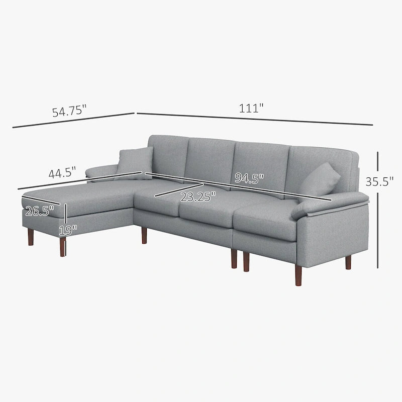 HOMCOM Fabric Sectional Couch with Reversible Sleeper Sofa, Modern L Shaped Sectional Sofa with Pillows, Wooden Legs