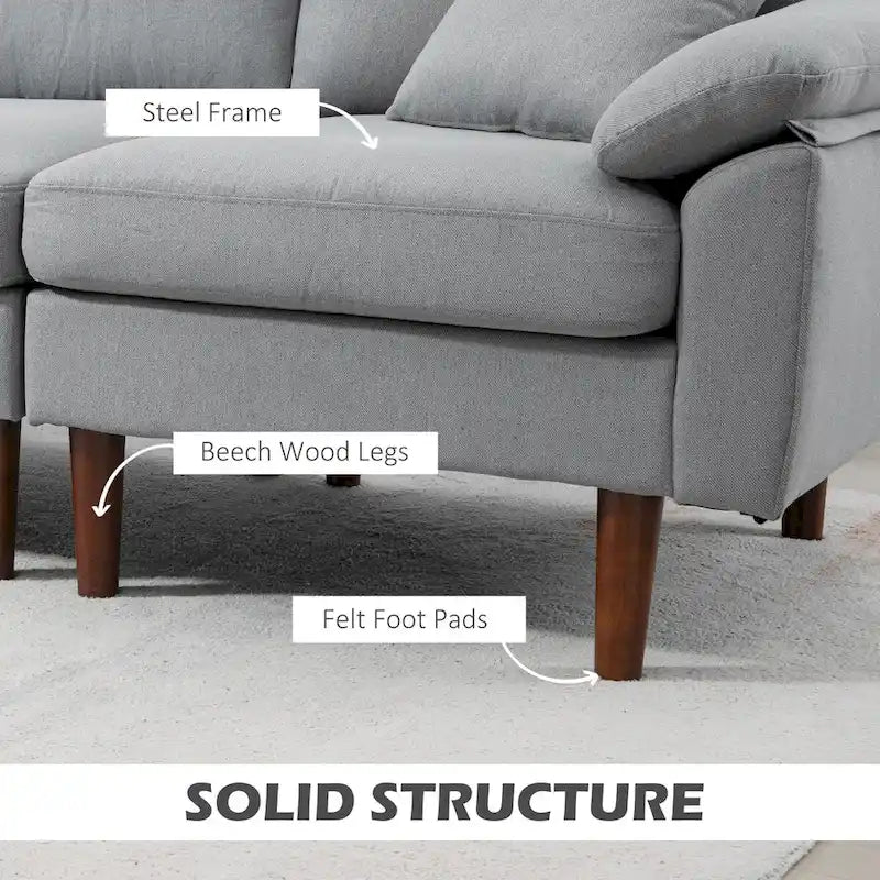 HOMCOM Fabric Sectional Couch with Reversible Sleeper Sofa, Modern L Shaped Sectional Sofa with Pillows, Wooden Legs