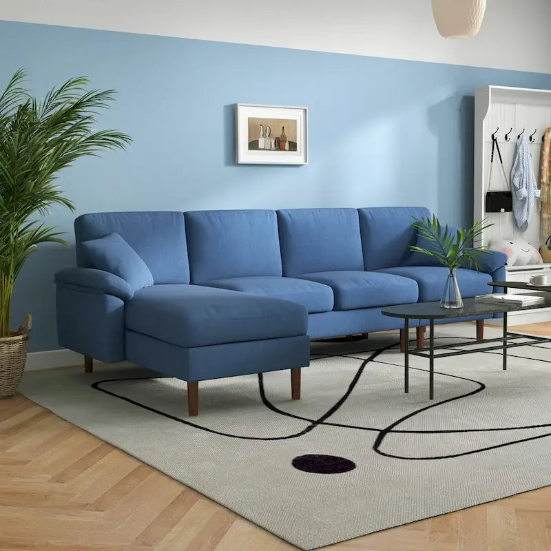 HOMCOM Fabric Sectional Couch with Reversible Sleeper Sofa, Modern L Shaped Sectional Sofa with Pillows, Wooden Legs