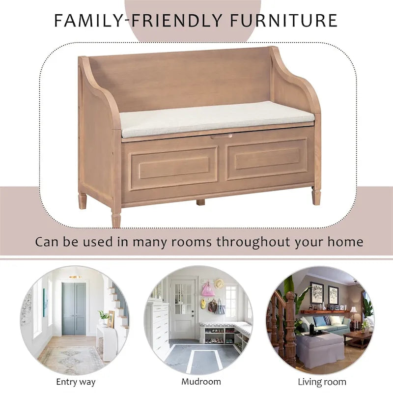 Solid wood Entryway Multifunctional Storage Bench with Safety Hinge