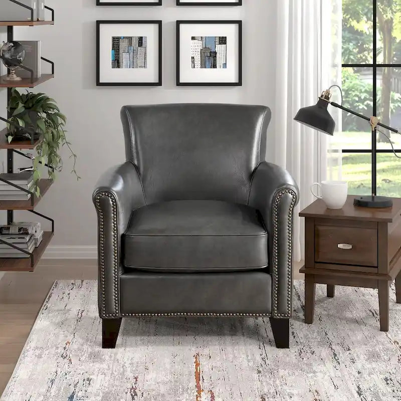Traditional Leather Accent Chair 1pc Solid Wood Frame Top-Grain Leather Nailhead Trim Classic Modern Living Room Furniture