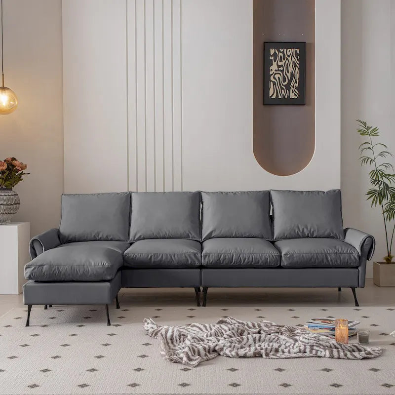 Modern L-Shaped Sofa Couch With Convertible Ottoman