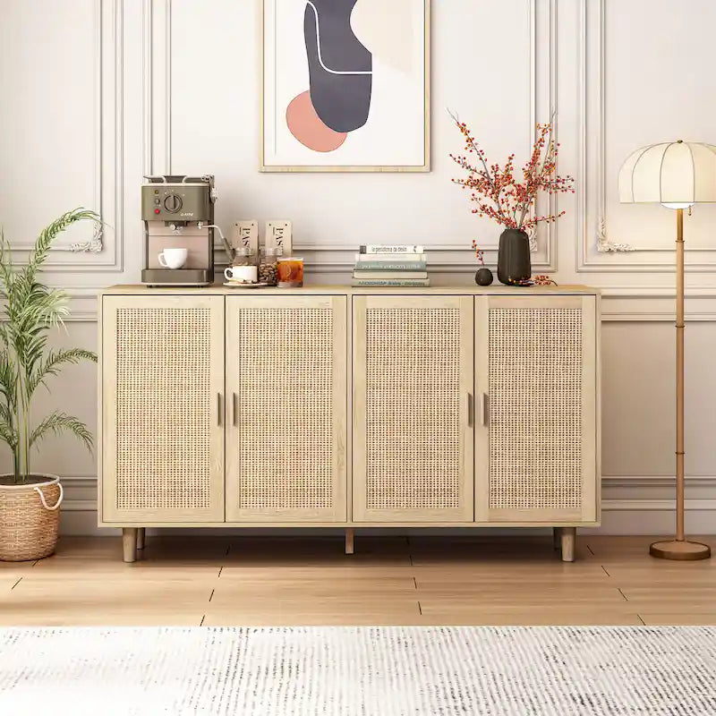 4-door Rattan Decorative Storage Cabinet - 62.2L x 15.75W x 34.25H